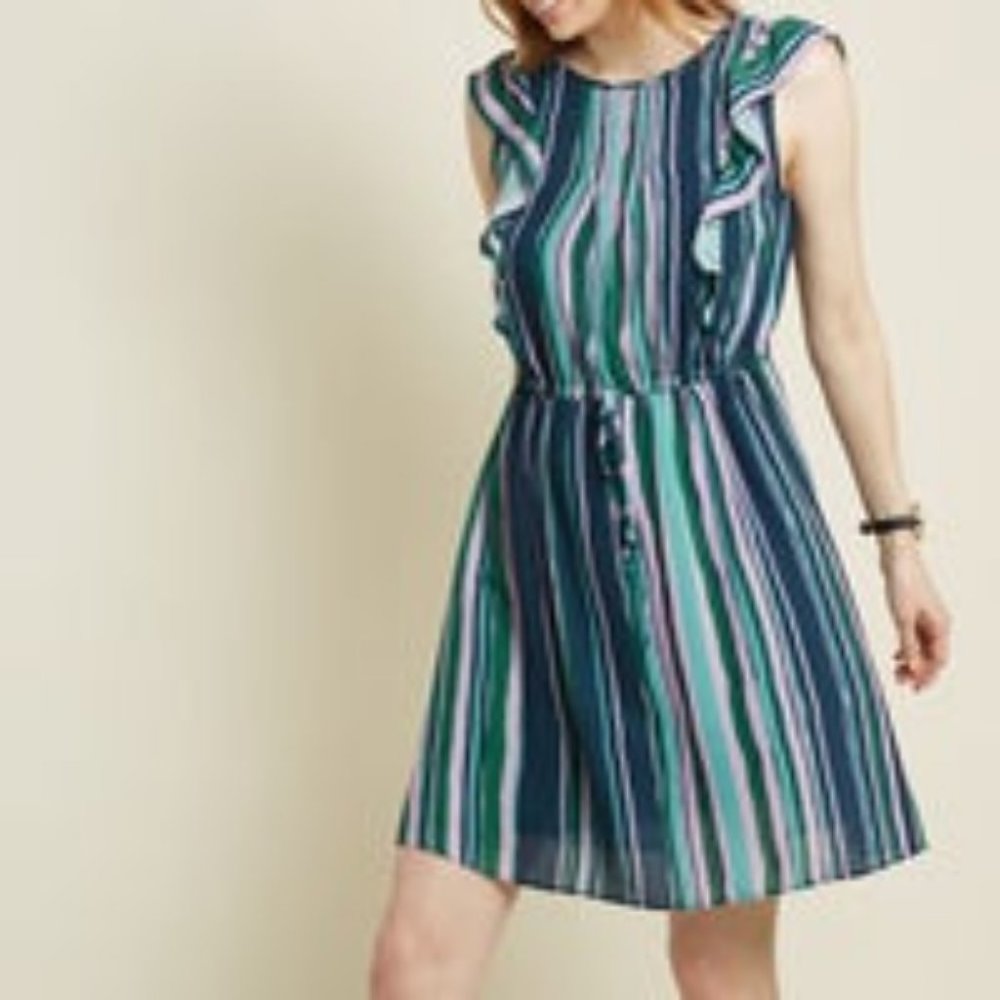 Modcloth Mini Dress Size Medium w/ Ruffles & Stripes in Blue Green Pink